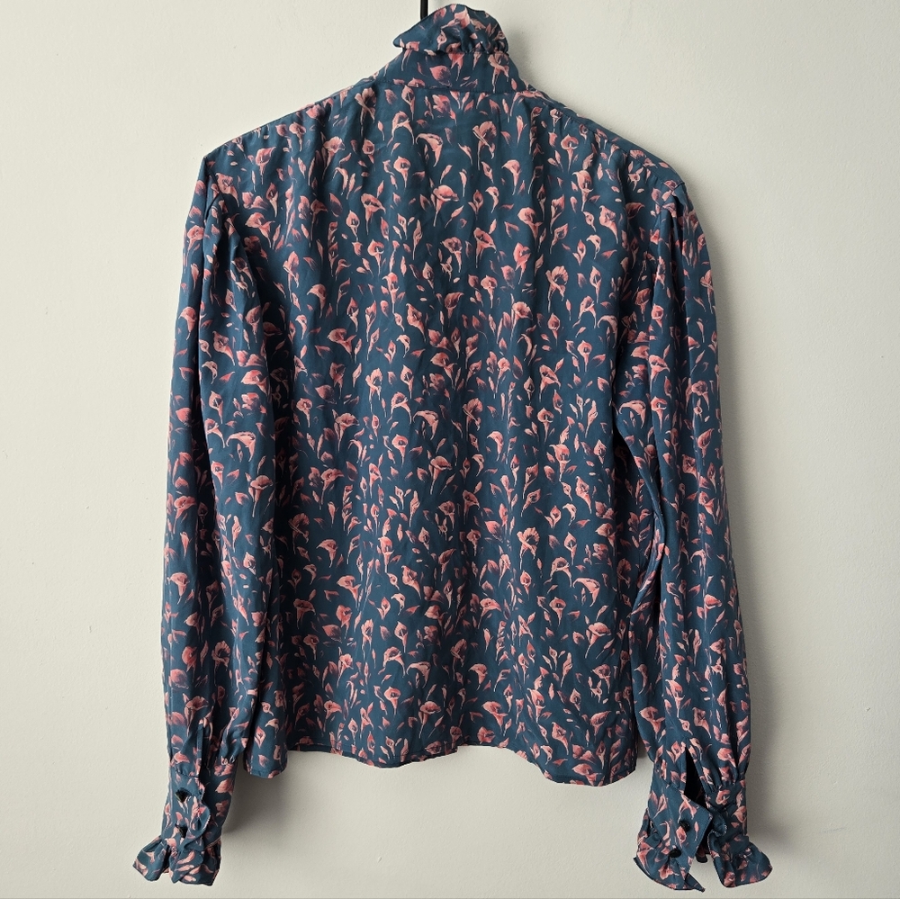 Vintage Emanuel Ungaro Silk Victorian Floral High Neck Ruffle Blouse - Picture 4 of 7